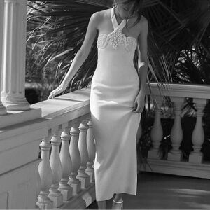 Ronny Kobo Reine Halter Pearl-Embellished Back-Slit Slim Midi Dress